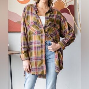 Oli & Hali Mineral Washed Plaid Shirt raw edge sz M